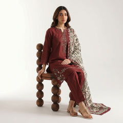 Maroon - Embroidered 3 Piece