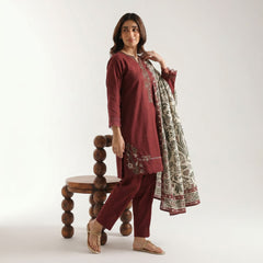 Maroon - Embroidered 3 Piece