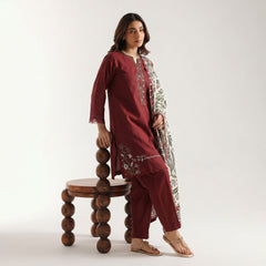 Maroon - Embroidered 3 Piece