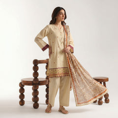 Beige - Embriodered 3 Piece