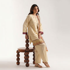 Beige - Embriodered 3 Piece